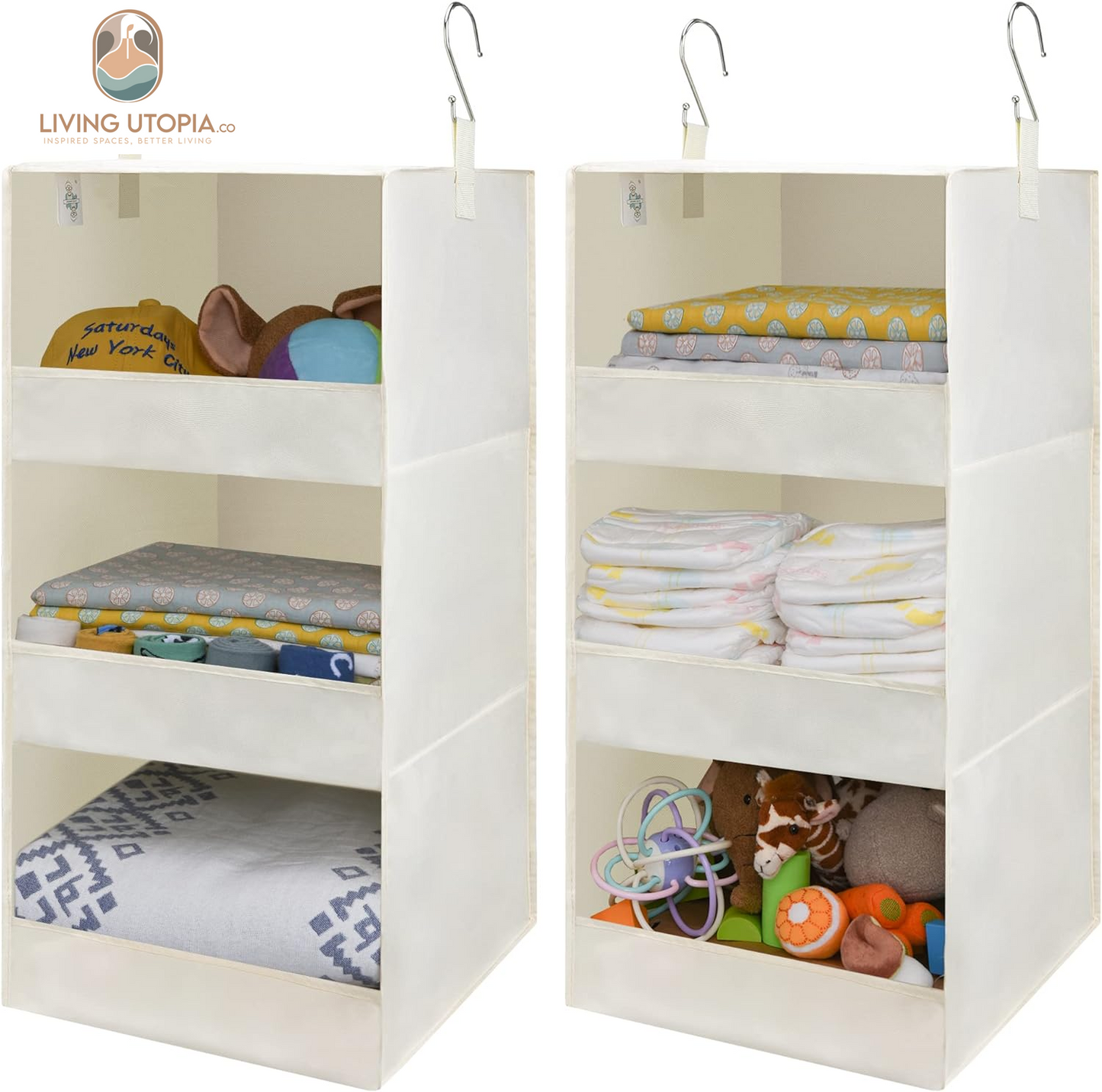3-Shelf Hanging Organizer, Foldable Hanging Closet Storage, Closet Shelves Organizer for Camper, Beige, 29 ½" H X 12" W X 12" D, 2-Pack