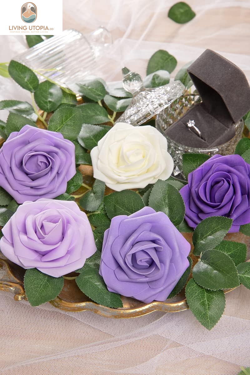 Artificial Flowers, 25Pcs Fake Flowers Rose Perfect for DIY Wedding Bridesmaid Bridal Bouquets Centerpieces Home Flower Arrangement Decoration, Series Purple