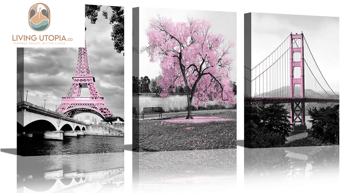 Wall Art for Bedroom Pink Tree Paris Eiffel Tower Golden Gate Bridge Romantic Black and White City Poster Bathroom Pictures Prints on Canvas for Living Room Decor