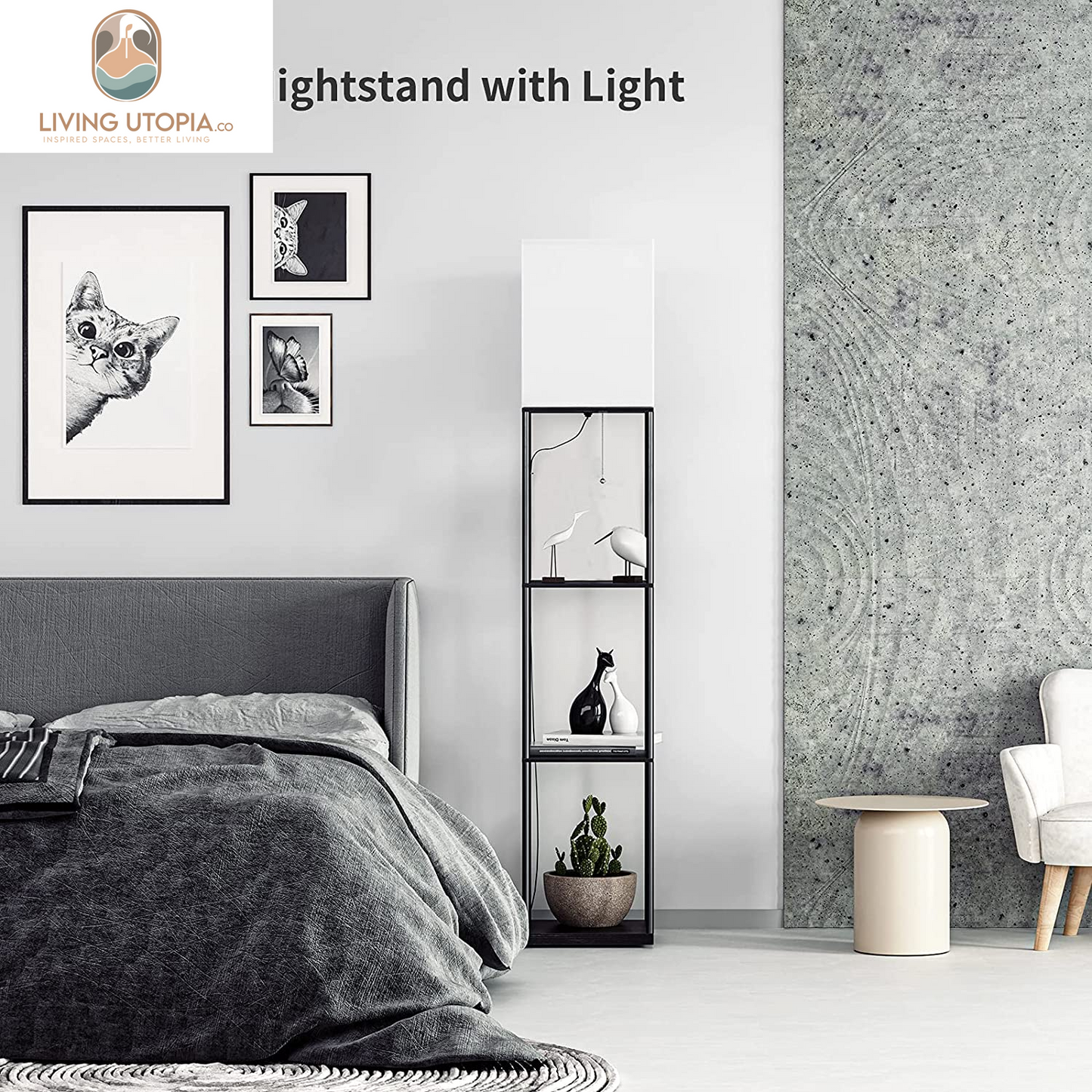 Floor Lamp with Shelves, Modern Square Standing Lamp with 3 Color Temperature Bulb, Corner Display Bookshelf Lamp for Living Room and Bedroom(Black)