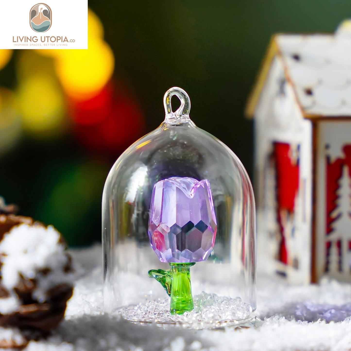 H&D Crystal Enchanted Rose Flower Figurine Dreams Ornament in a Glass Dome Gifts for Her (Purple)