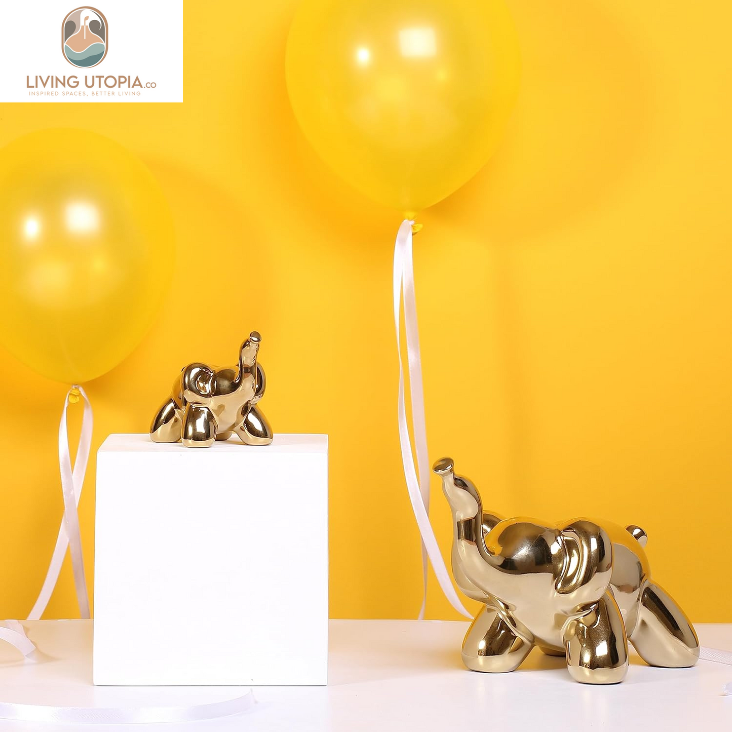 Gold Home Décor Balloon Figurine Accent, Small Ceramic Animal Statue Handmade Sculpture Ornament (Elephant)