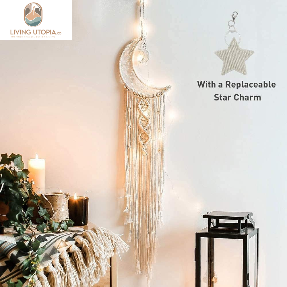 Boho Macrame Woven Wall Hanging, Crochet Crescent Moon Star Dream Catcher with Long Tassel- White Cotton Handmade Bohemian Home Decor Decoration Art Craft for Kids Bedroom Dorm Room