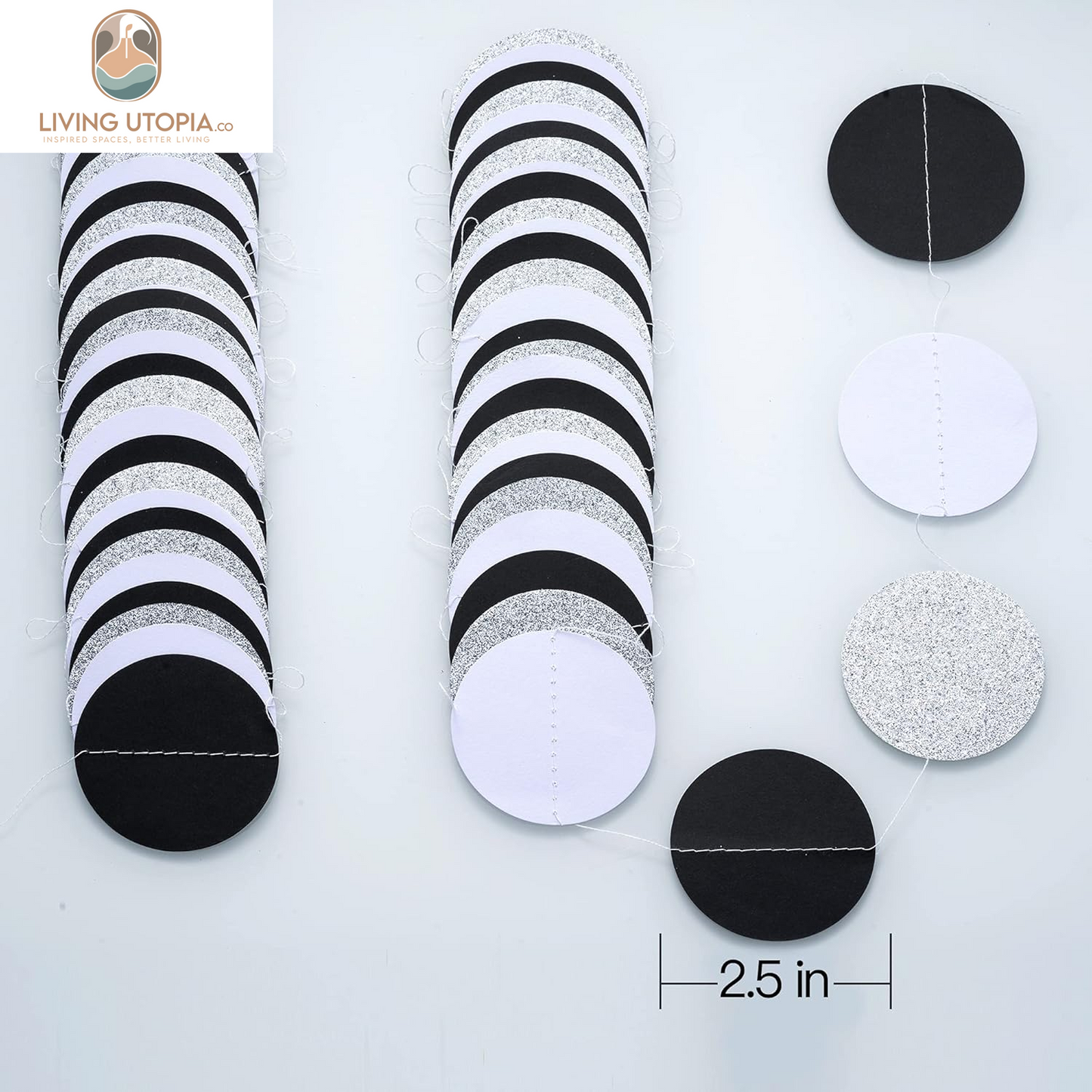 Black White Silver Glitter Paper Garland Circle Dot Streamer Banner for Graduation Bridal Shower Wedding Birthday Party Decorations, 2.5" in Diameter, 20 Feet in Total