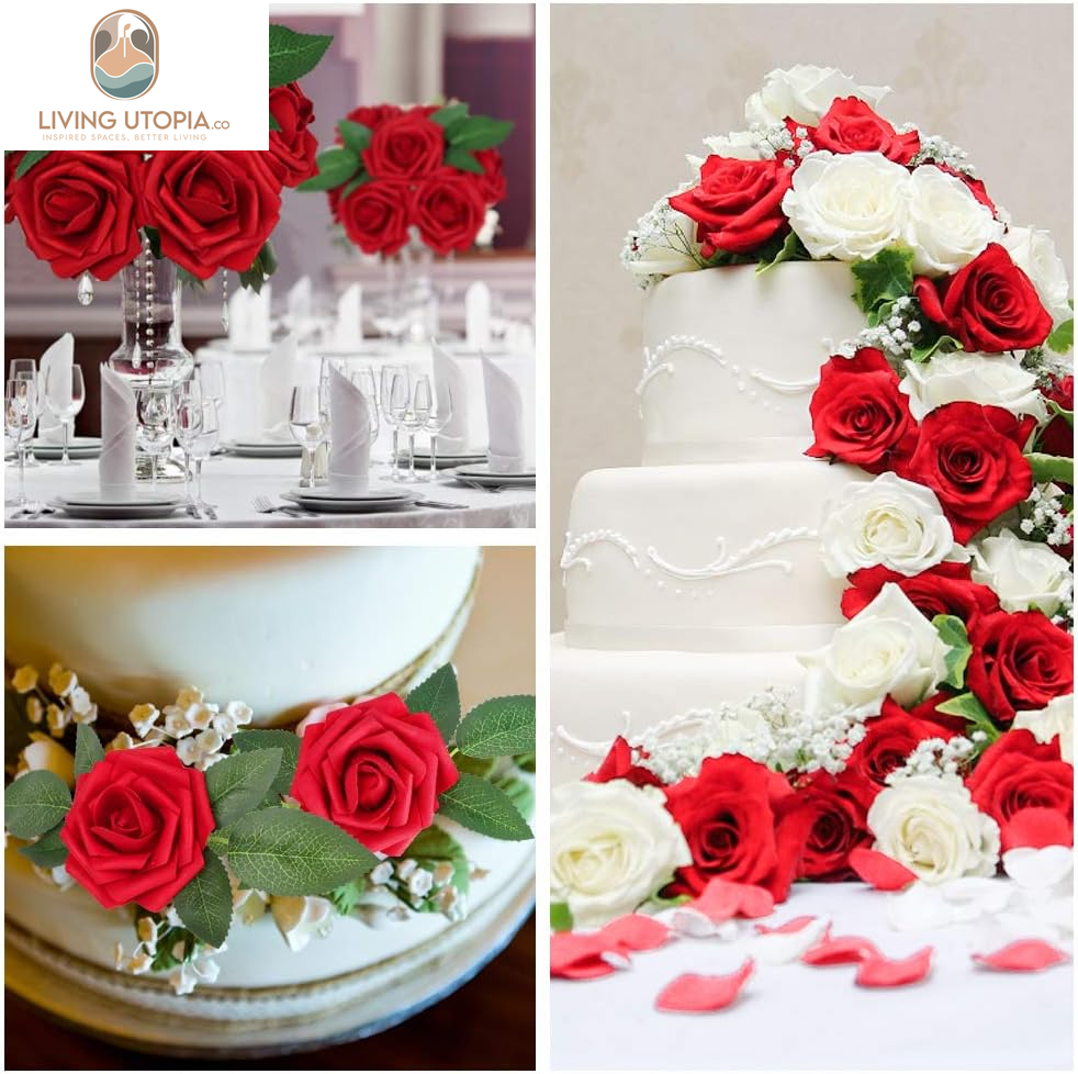 Artificial Flowers Dark Red Rose 50Pcs Real Looking Fake Roses W/Stem for DIY Wedding Bouquets Centerpieces Arrangements Party Baby Shower Home Decorations