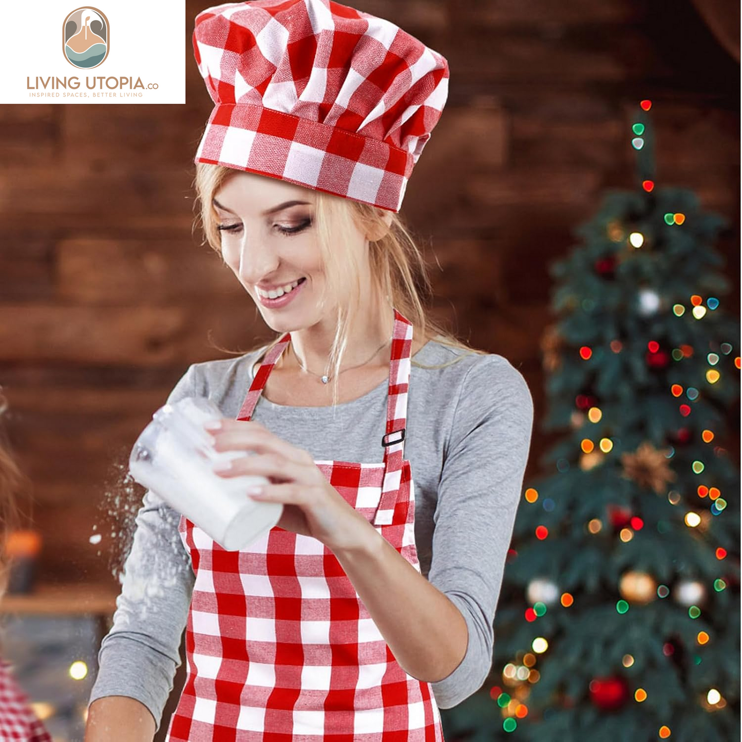 2 Pcs Chef Costume for Women Men Chef Hat Apron Set for Adult Baker Apron Hat for Cooking Cosplay(Red, White,Plaid Style)