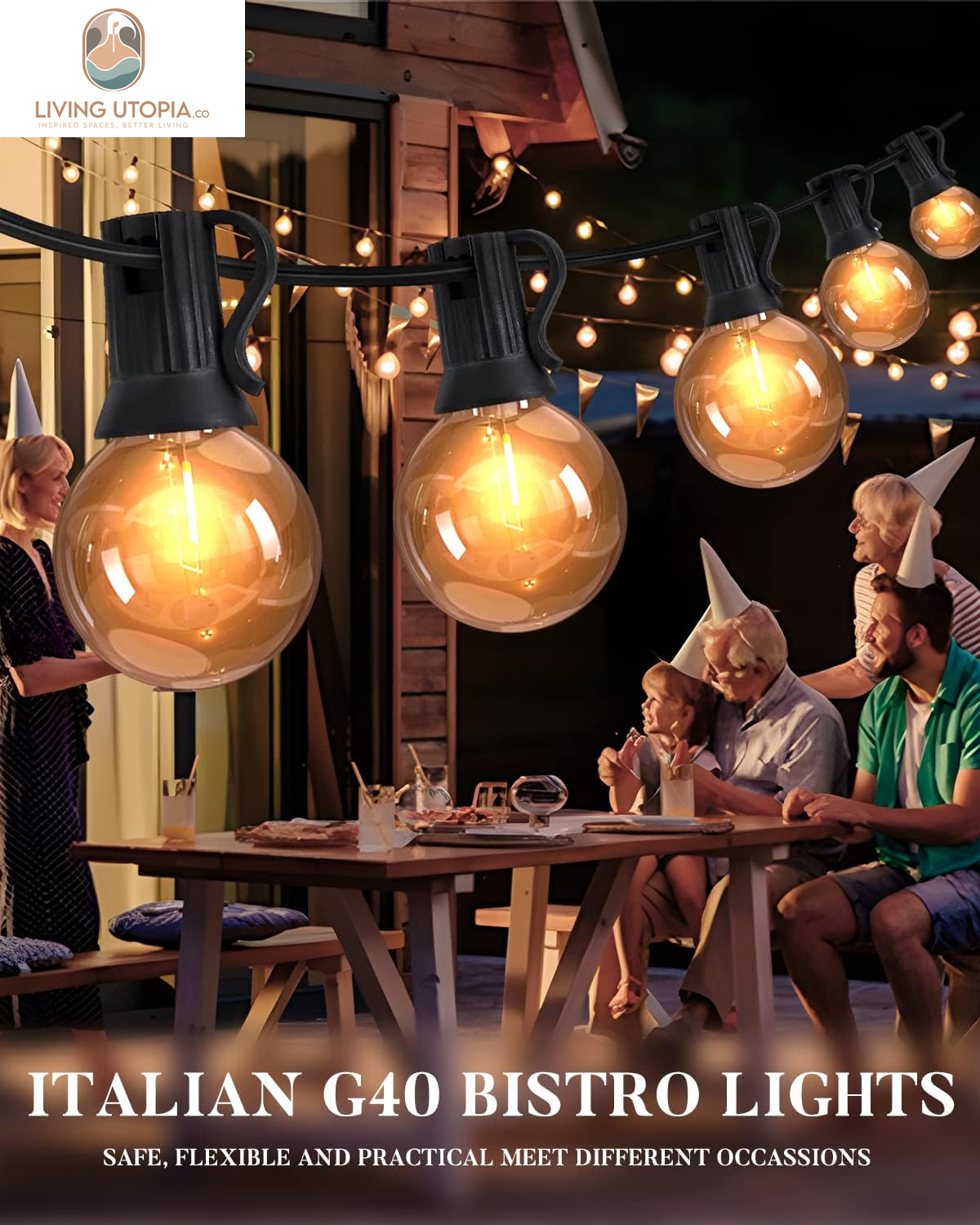 100FT Outdoor String Lights, LED Bistro String Lights with Shatterproof G40 Vintage Bulbs, 2200K Dimmable, Waterproof Hanging Lights for Porch, Deck, Garden, Backyard, Balcony - ETL Listed
