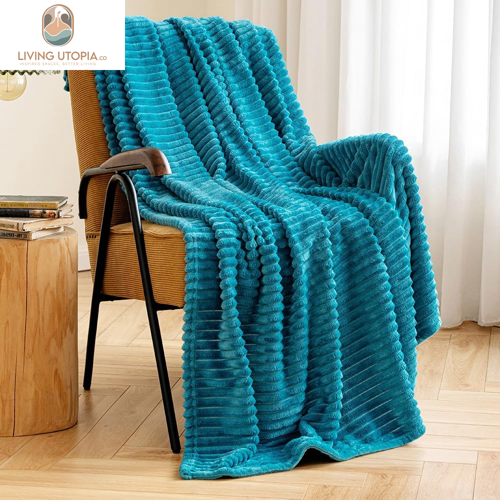 Fleece Throw Blanket for Couch 300GSM Super Soft Lightweight Plush Striped Blanket, Teal Blue Warm Cozy Breathable Ribbed Blanket for Bed/Sofa, Throw Size 50"X60", Turquoise