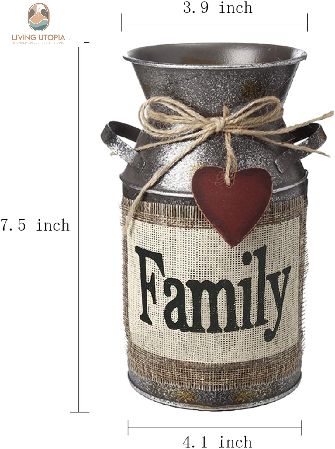 7.5" High Rustic Decorative Vase with Greetings and Rope Design, Metal Milk Can Country Jug for Living Room, Bedroom, Kitchen(Family)