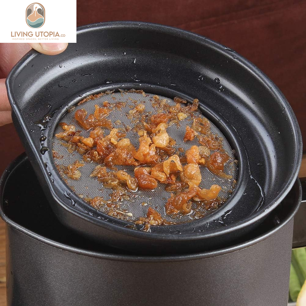 Bacon Grease Container with Strainer- 1.3 L or 5.2 Cup Iron Kitchen Oil Storage Can with Fine Mesh Strainer for Storing Hot Frying Oil, Fat (Black)