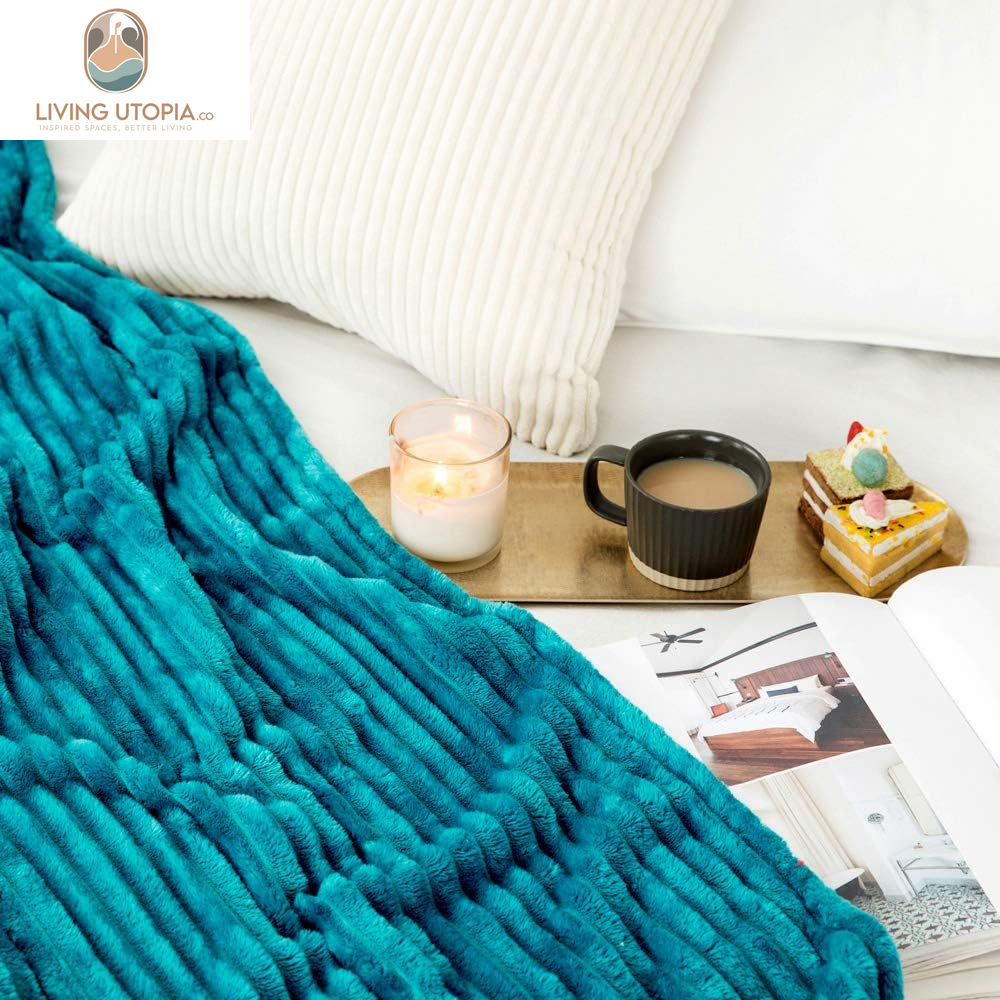 Fleece Throw Blanket for Couch 300GSM Super Soft Lightweight Plush Striped Blanket, Teal Blue Warm Cozy Breathable Ribbed Blanket for Bed/Sofa, Throw Size 50"X60", Turquoise