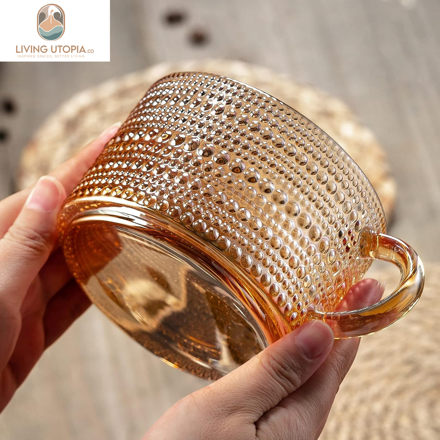 Vintage Coffee Mugs 14 Oz Set of 2 Amber Embossed Glass Tea Cups for Cappccino, Latte,Cereal, Yogurt, Beverage Christmas Thanksgiving Day Gifts