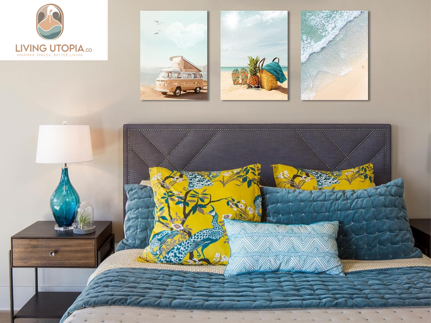 Beach Wall Art Canvas Coastal Sea Pictures Bathroom Decor, Modern Turquoise Ocean Landscape Painting Framed Artwork for Bedroom Living Room Dinning Room Home Office Wall Decor, 12"X16"X3 Panels
