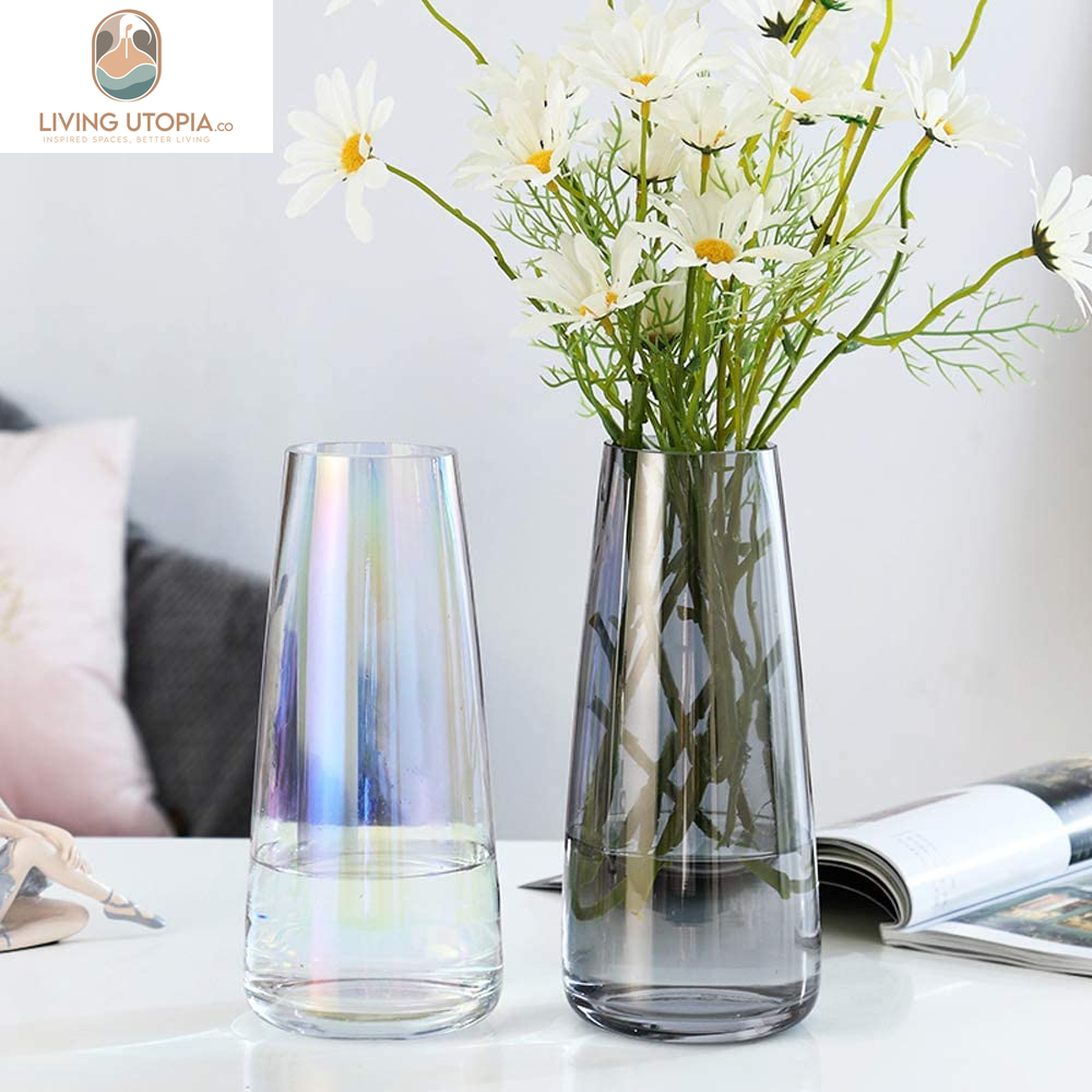 Glass Vase for Flowers Modern Vases Home Decor Unique Flower Vase for Bouquet 8.7" Centerpiece Vase Decor Room,Living Room,Library,Office,Table,Entryway,Modern Farmhouse(Iridescent Clear)