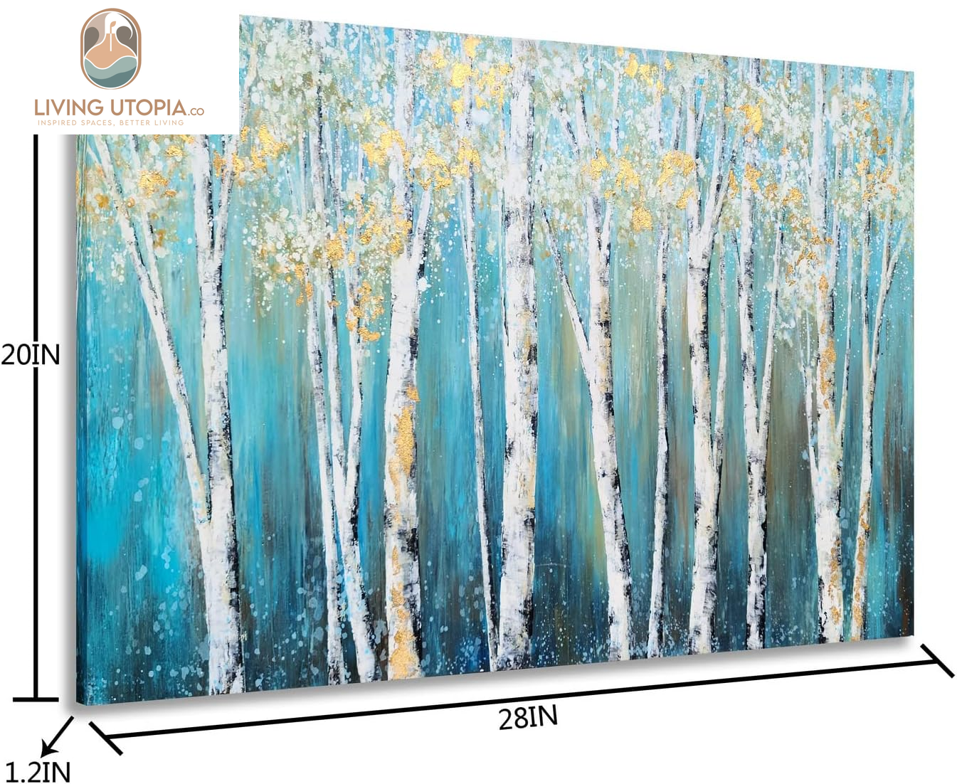 Birch Tree Canvas Wall Art Hand Painted Teal and White Color Painting with Gold Foil Modern Forest Pictures for Living Room Bedroom Office Decoration