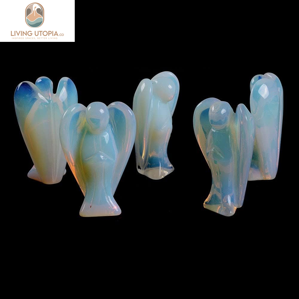 Carved Moonstone Opalite Gemstone Peace Angel Pocket Guardian Angel Healing Statue 2 Inch