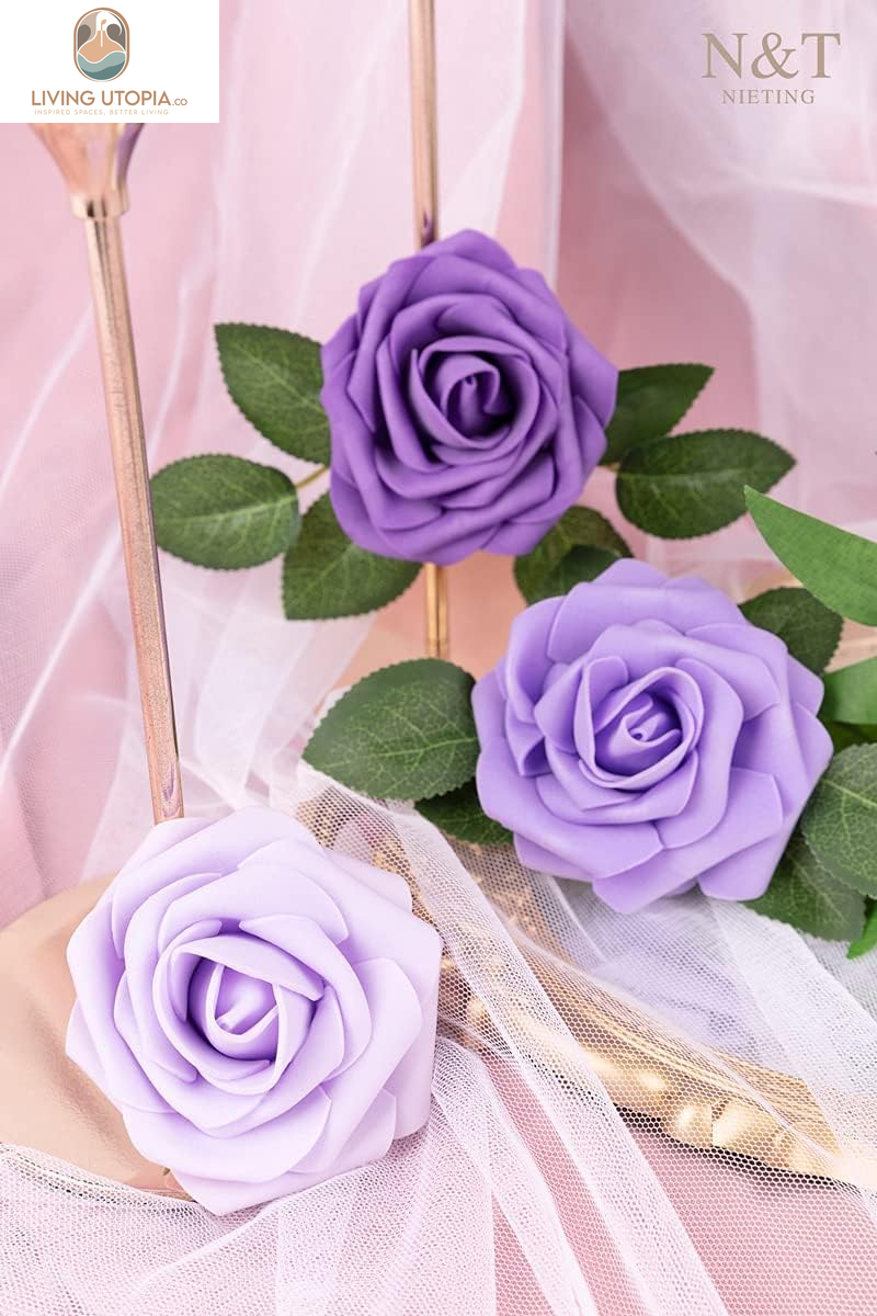 Artificial Flowers, 25Pcs Fake Flowers Rose Perfect for DIY Wedding Bridesmaid Bridal Bouquets Centerpieces Home Flower Arrangement Decoration, Series Purple
