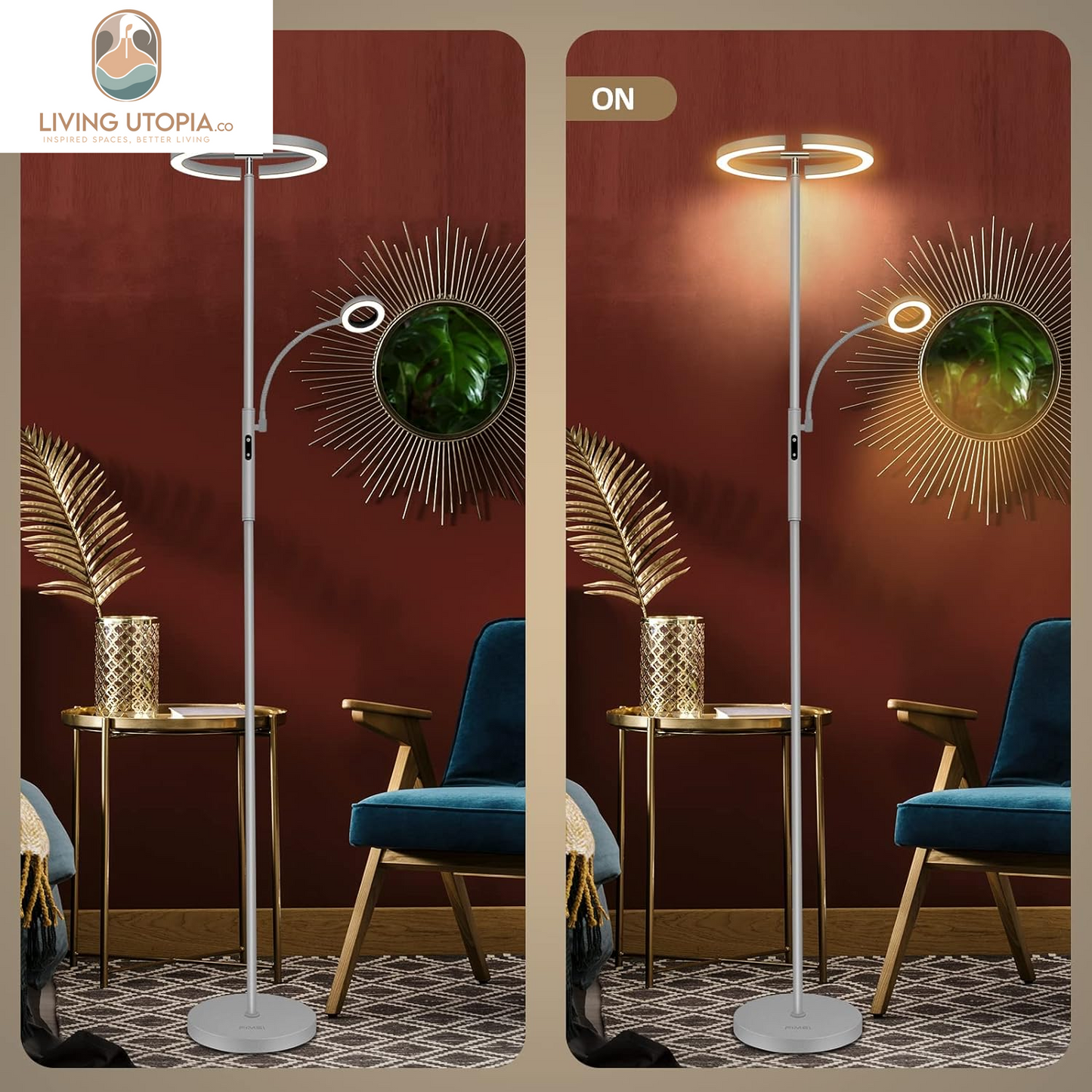 Split Floor Lamp with Reading Light, Modern Bright LED Rotatable Standing Lamp with Stepless Dimming and 3000K-6000K Color for Living Room Bedroom Office, Touch and Remote Control, Gray