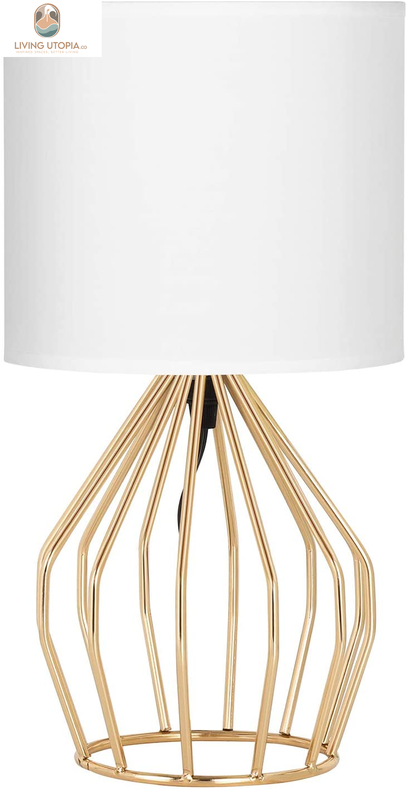 Gold Table Lamp - Modern Style Desk Lamp with Hollowed Out Base Linen Fabric Shade, Small Golden Bedside Lamp for Bedrooms, Living Room