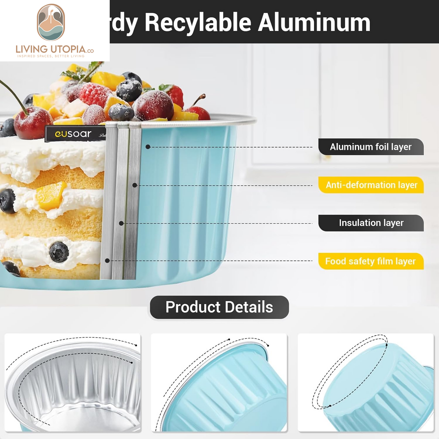 Aluminum Cups with Lids, 50Pcs 5Oz 125Ml Foil Cupcake Baking Cups, Muffin Liners Cups with Lids, Disposable Foil Ramekins Pans, Aluminum Foil Cupcake Holders