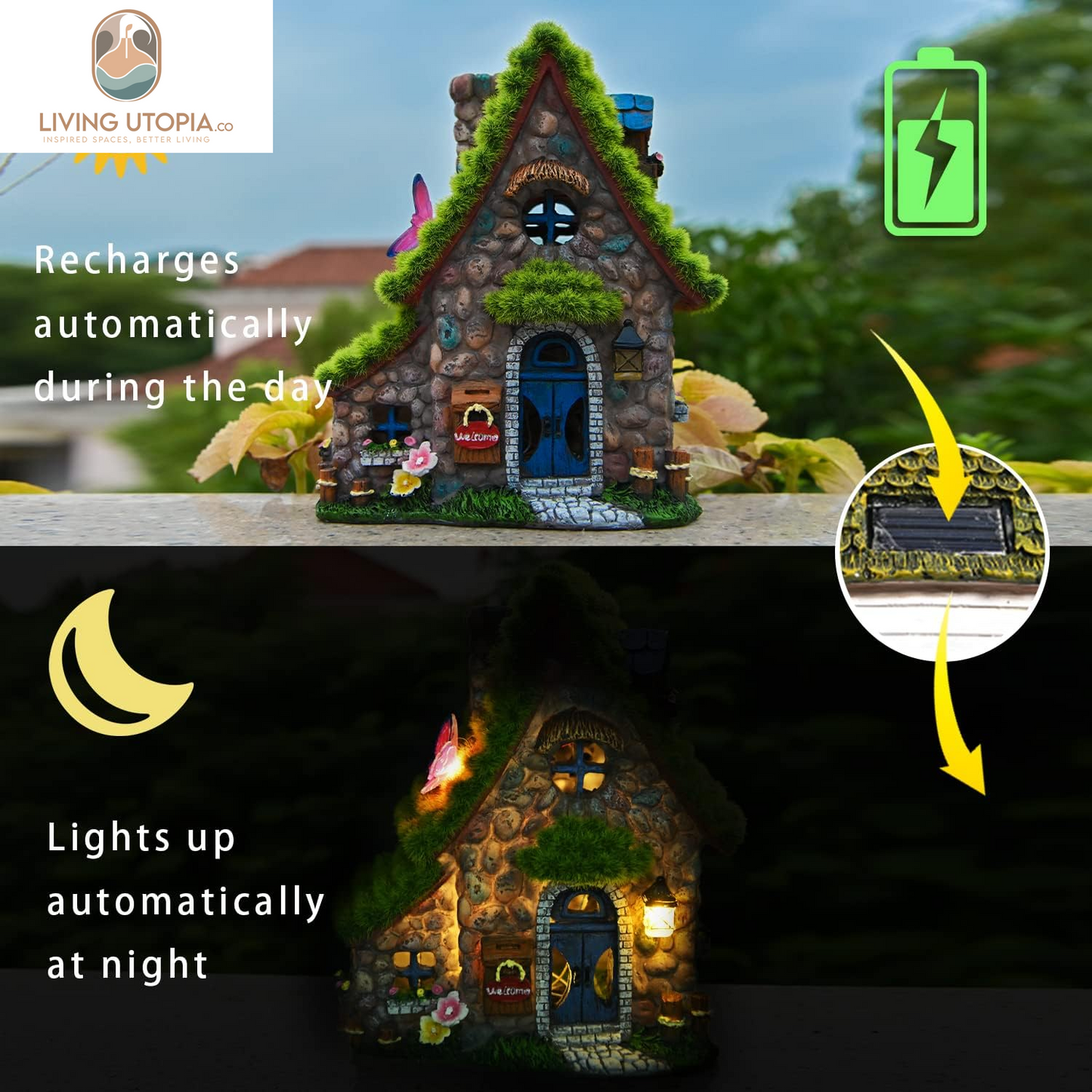 Resin Fairy House Statues with Solar Powered Lights, Funny Garden Sculptures with Flocked and Cobblestone Decor, Exquisite Garden Cottage Figurines