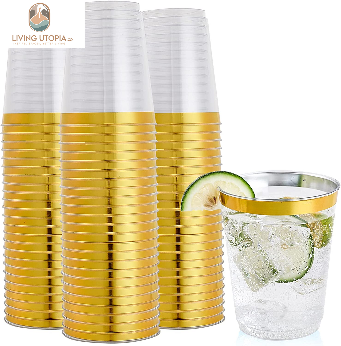 10 Oz Gold Plastic Cups, Disposable Clear Fancy Hard Plastic Cups, Gold Rimmed, Heavy Duty, Reusable,100 Count