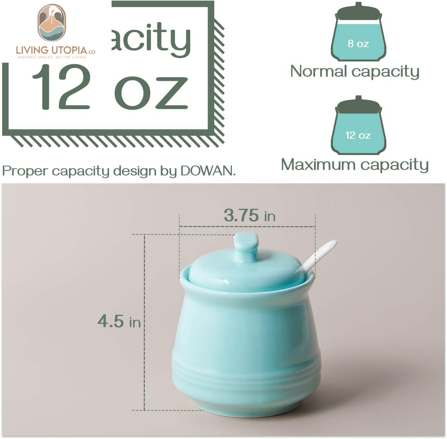 Sugar Bowl with Lid and Spoon,12Oz Ceramic Sugar Holder for Coffee Bar, Countertop, Sugar and Creamer Bowl, Kitchen Accessories and Decor, Teal