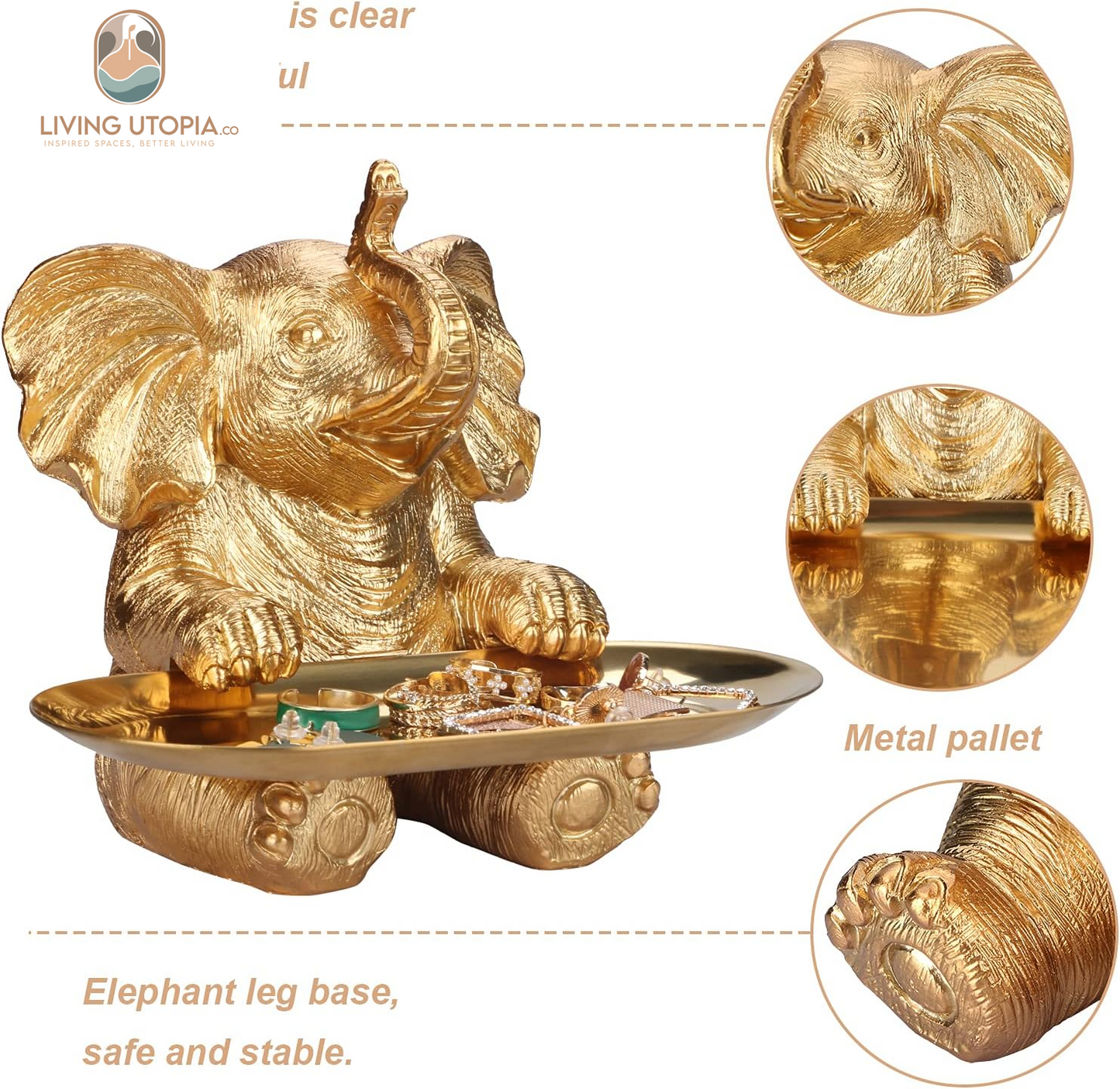 Gold Elephant Statue for Home Decor Accents Living Room Bookshelf TV Stand Office. Trinket Dish. Retirement Appreciation Gift -Gift for Mom Boss Co-Workers, Teachers, Nurse, Friends, Wife, Sister