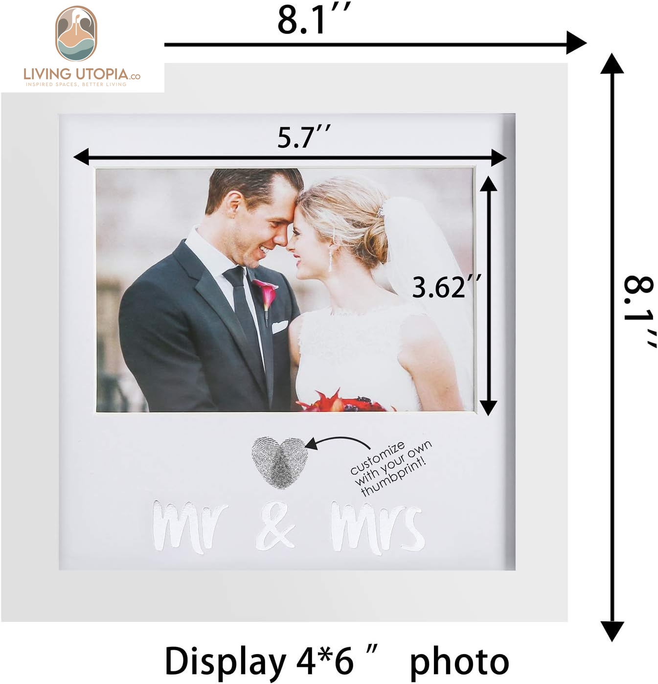 Heart Thumbprint Keepsake Frame and Ink Kit,Wedding Picture Frame Wedding Registry Idea Shower Gift for Bride Newlywed (White Frame, Silver Text)