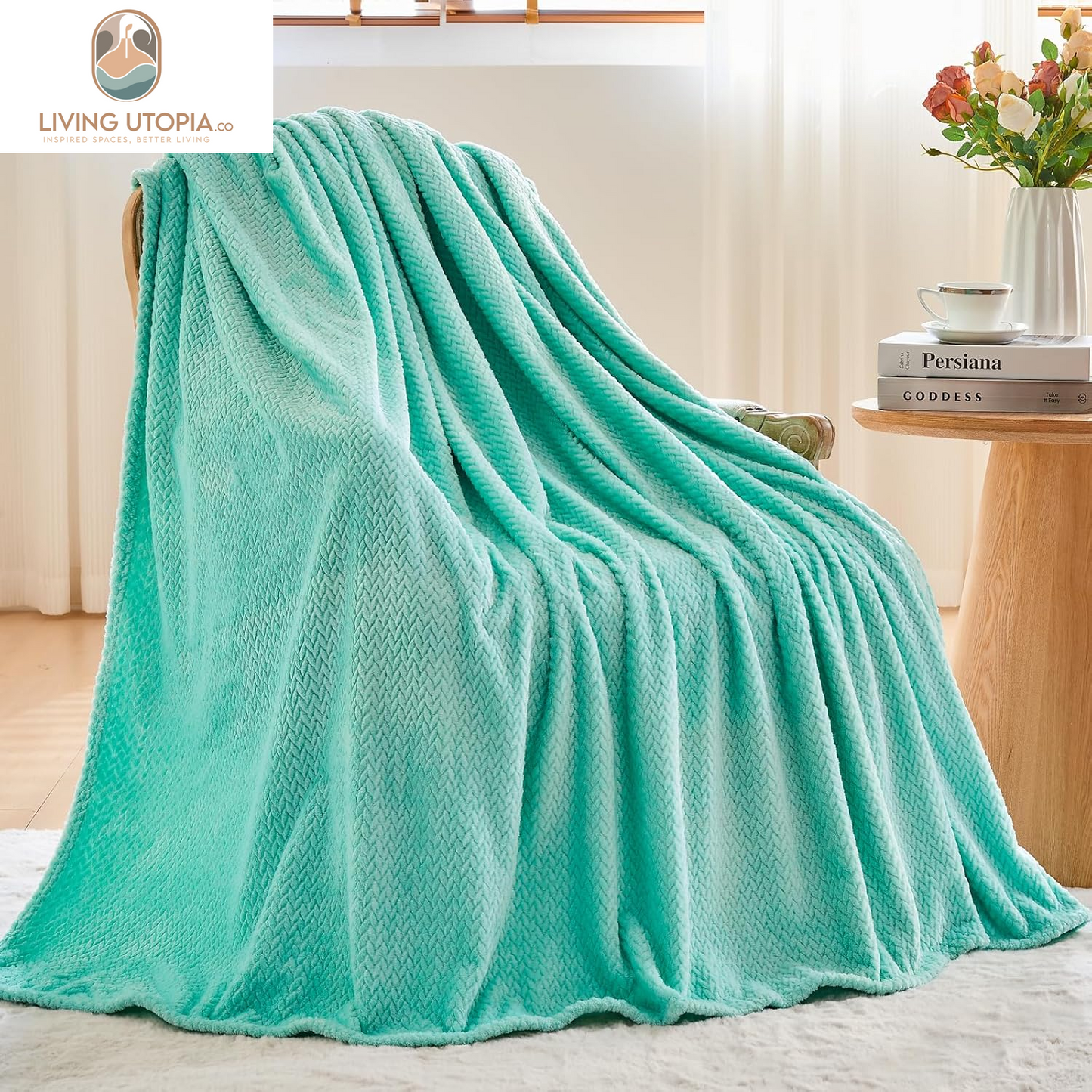 Super Soft Throw Blanket Aqua Premium Silky Flannel Fleece Leaves Pattern Lightweight Bed Blanket All Season Use (Aqua, Throw(40"X50"))