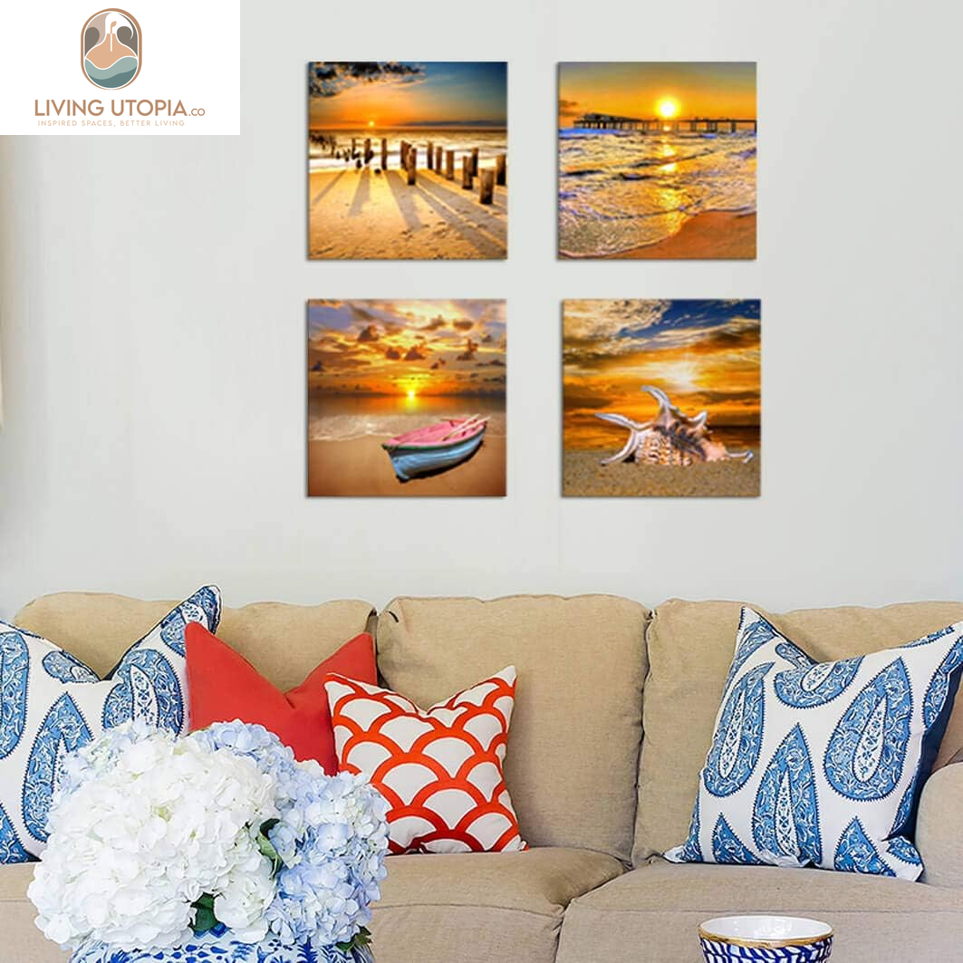 Beach Picture Wall Art Beach Poster Ocean Picture Sunset Beach Canvas Contemporary Scenery Beach Picture Photo Mural Artist Home Decor Wall Decoration Painting Canvas Printing 4 Pieces/Set