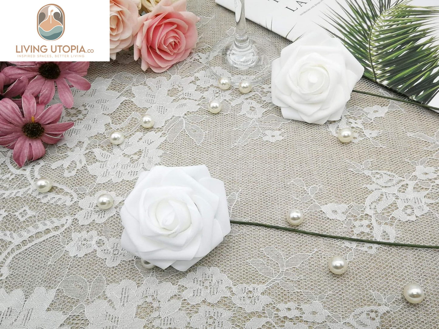 Artificial Flowers 50PCS Real Looking White Fake Roses with Stem for DIY Wedding Bouquets Centerpieces Party Baby Shower Home Decorations (White)