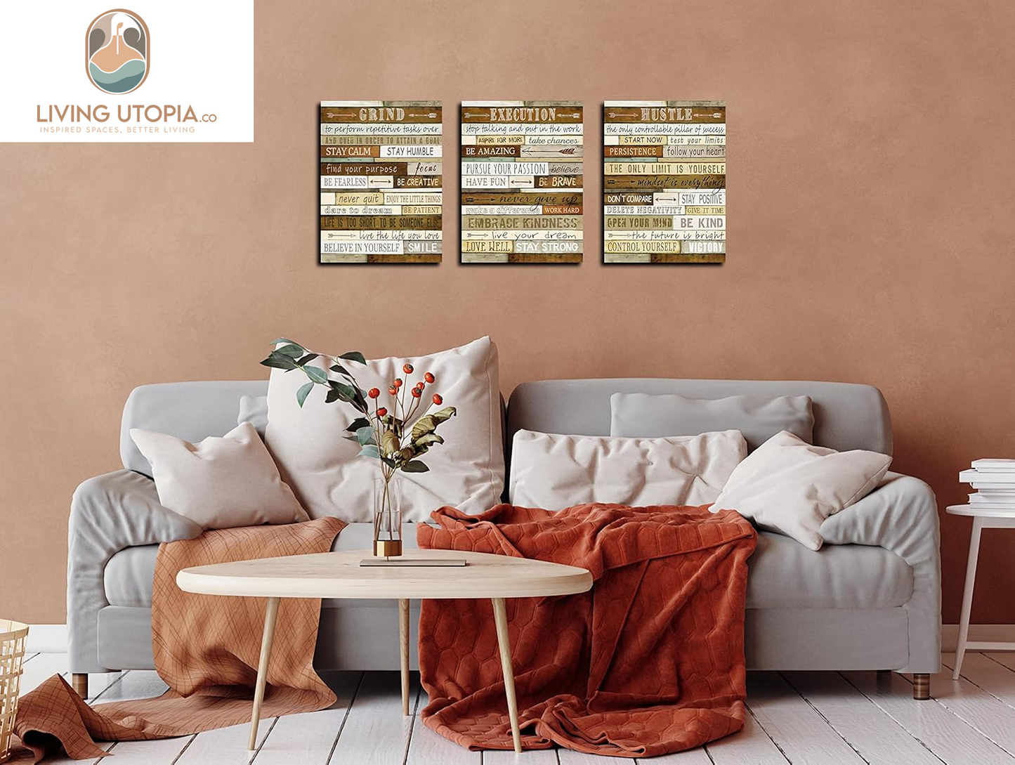 Motivational Wall-Decor - Brown Inspirational Posters - 3 Piece Canvas Wall Art for Bedroom Ready to Hang Size 12" X 16"
