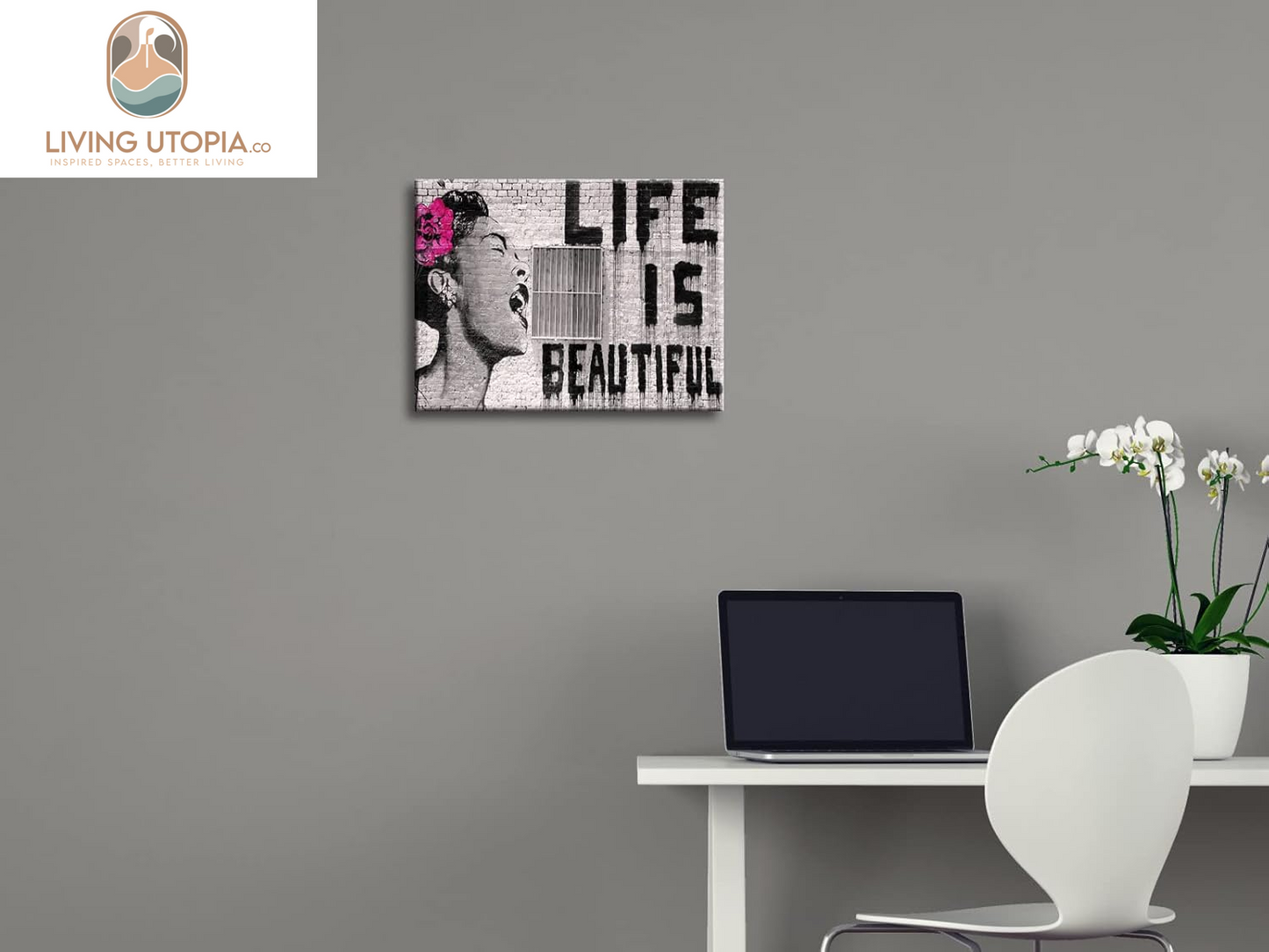 Banksy Life Is Beautiful Modern Gallery Wrapped Giclee Canvas Prints Artwork Grey Love Abstract Pictures Paintings on Canvas Wall Art Ready to Hang for Bedroom Home Office Decorations