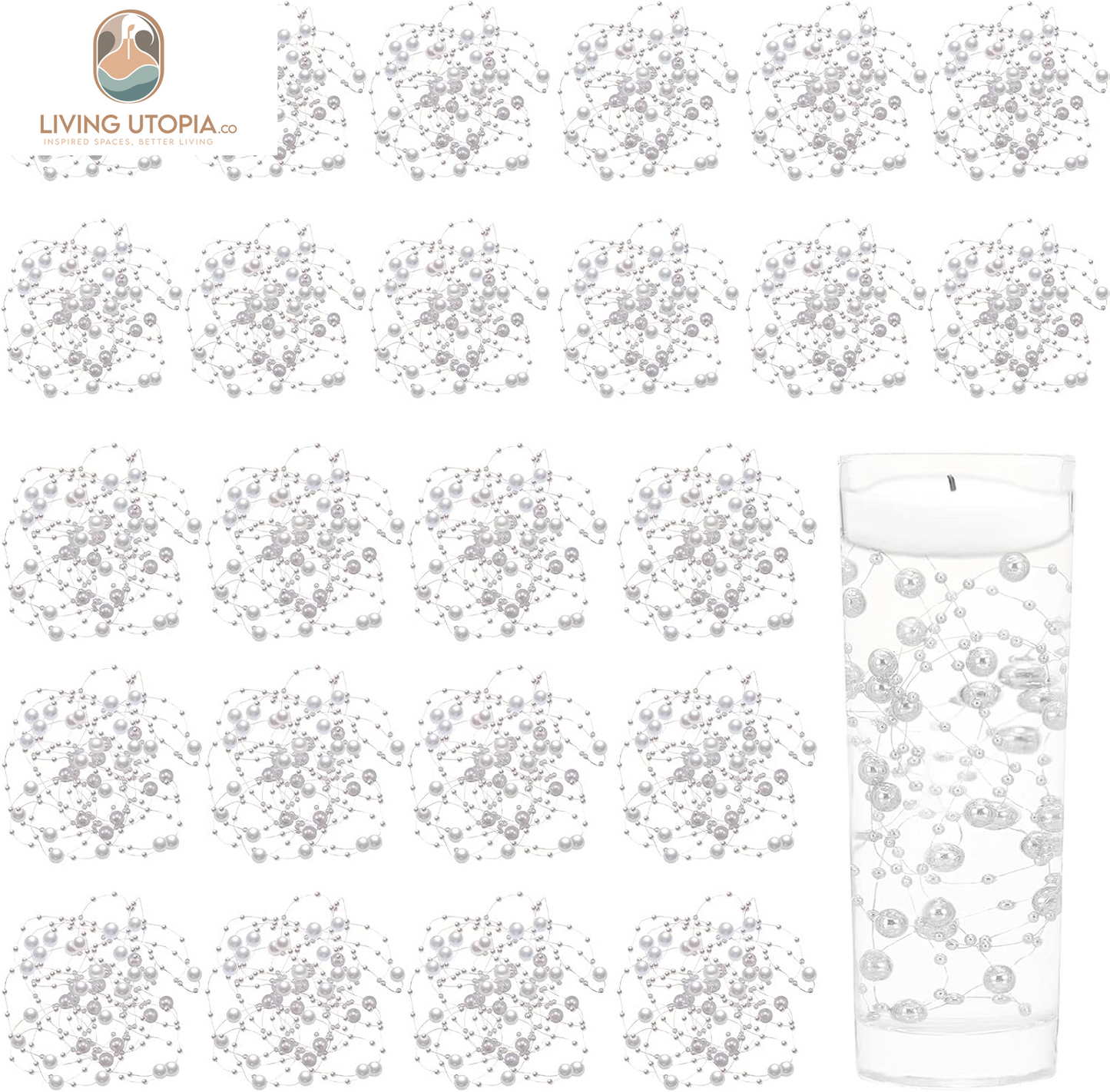 24 Pcs Artificial Pearl String for Floating Candle Faux Pearls Beads String Party Garland Decoration for Vases Filler Wedding Centerpiece Christmas Party Decor(White)