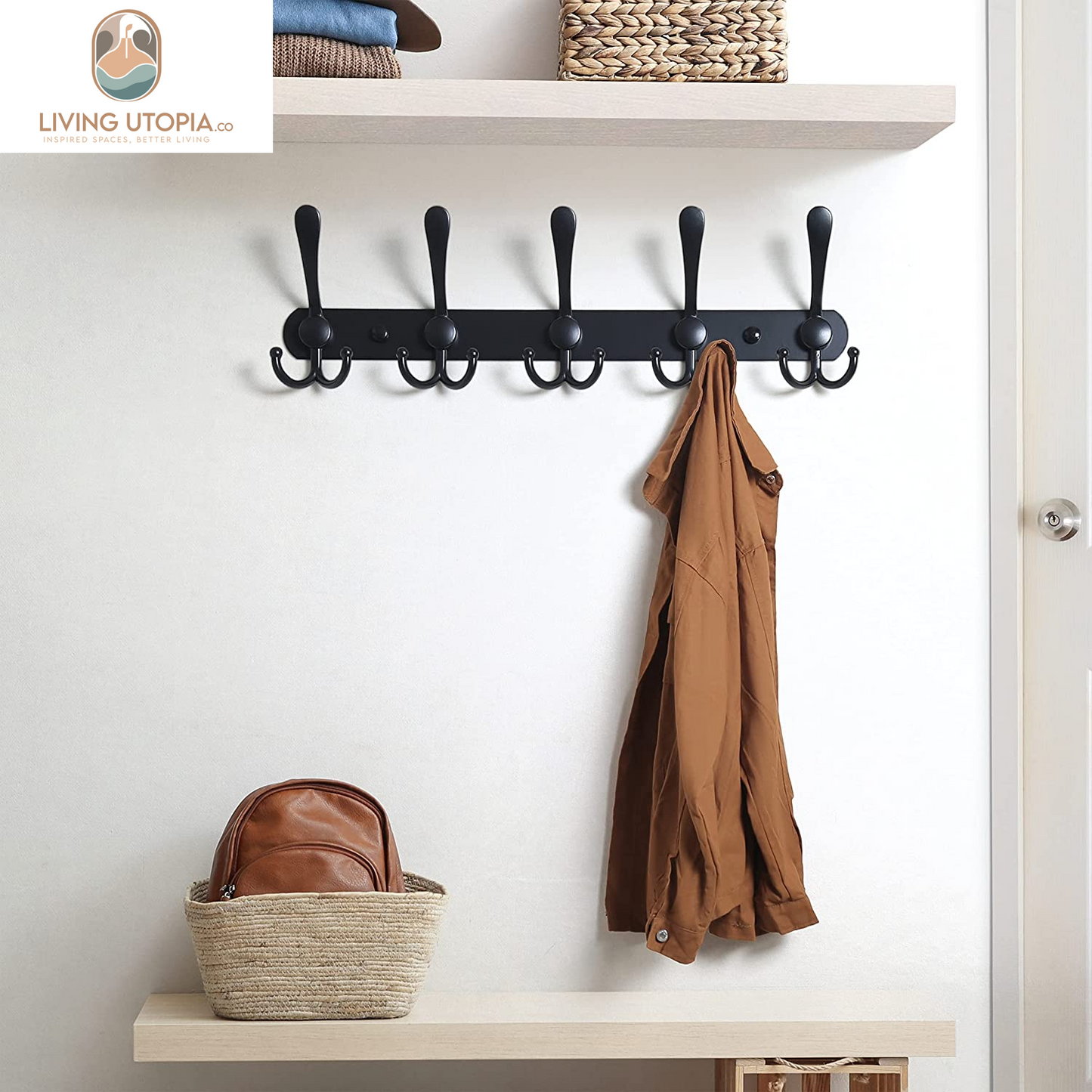 Coat Rack Wall Mounted - 5 Tri Hooks, Heavy Duty, Stainless Steel, Metal Coat Hook Rail for Coat Hat Towel Purse Robes Mudroom Bathroom Entryway (Black, 2 Packs)
