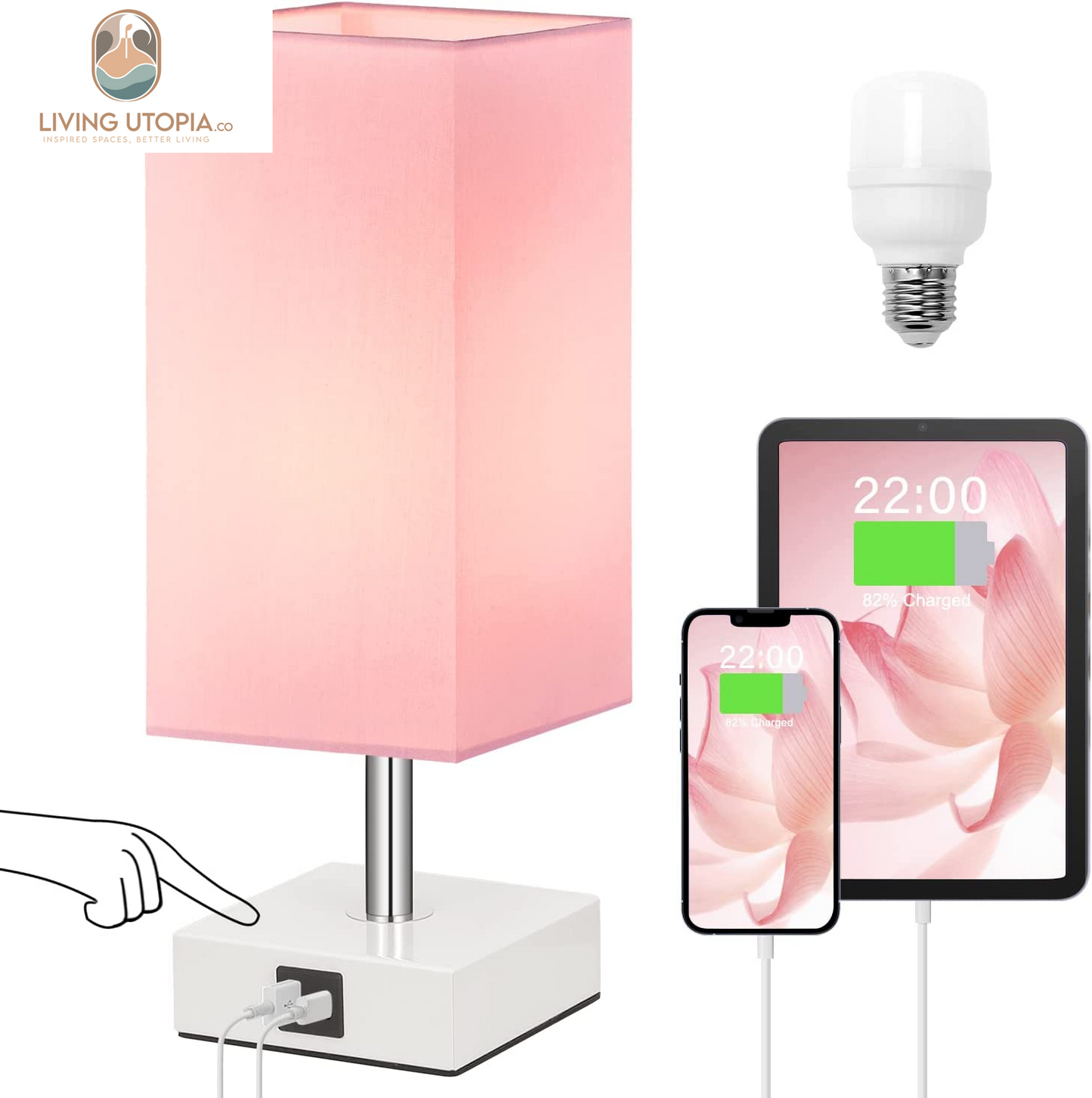 Touch Control Table Lamp with 2 USB Charging Ports, 3 Way Touch Lamps beside Desk, Nightstand Lamp for Bedrooms Living Room, Pink Shade with White Base, LED Bulb Included(Pink)