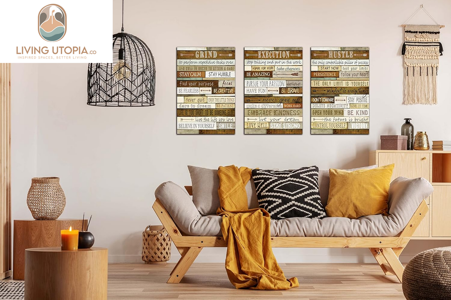 Inspirational Posters for Classrooms - Brown Positive Quotes Wall-Art for Living Room - Motivational Posters for Office - 3 Piece Canvas Wall Art Ready to Hang Size 16" X 24"