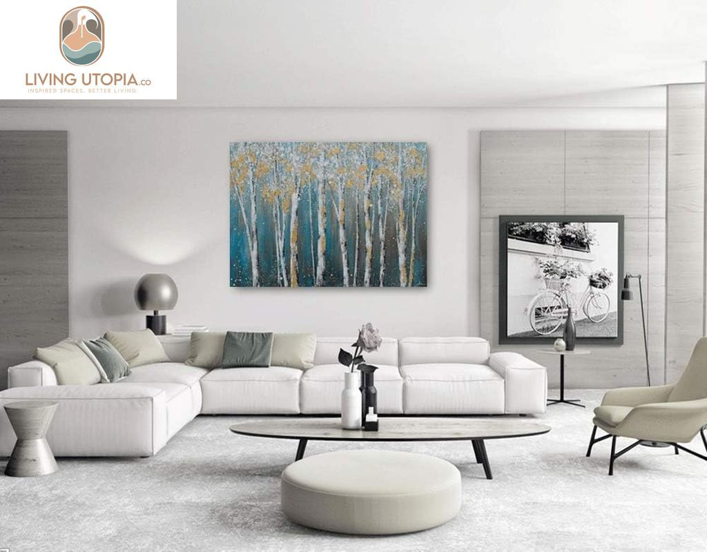 Birch Tree Canvas Wall Art Hand Painted Teal and White Color Painting with Gold Foil Modern Forest Pictures for Living Room Bedroom Office Decoration