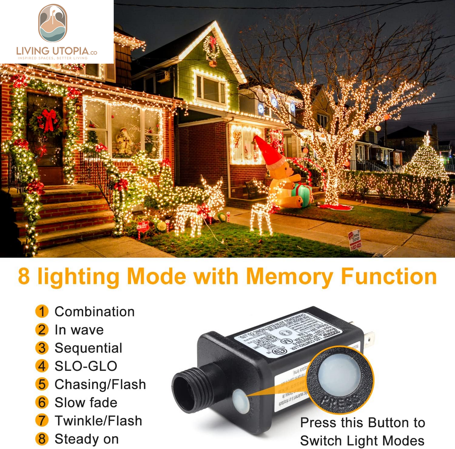 105FT 300 LED Christmas Lights Outdoor, Plug in 8 Mode String Lights for Christmas Tree, Party, Patio, House Christmas Decoration (Warm White)