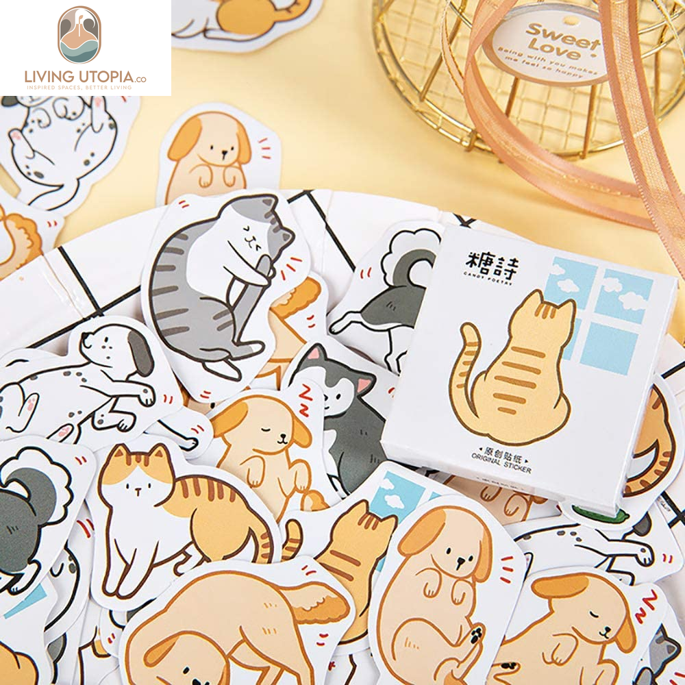 45PCS Cute Boxed DIY Cartoon Doggy and Cat Adhesive Paper Pets Shaped Stickers for Laptop Planners Scrapbook Cups Diary Notebooks Album Phone Case (Dog and Cat)