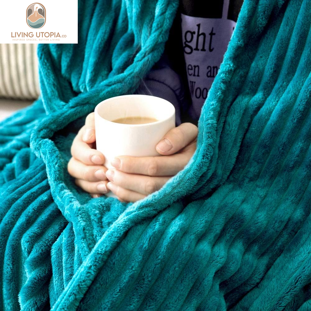 Fleece Throw Blanket for Couch 300GSM Super Soft Lightweight Plush Striped Blanket, Teal Blue Warm Cozy Breathable Ribbed Blanket for Bed/Sofa, Throw Size 50"X60", Turquoise