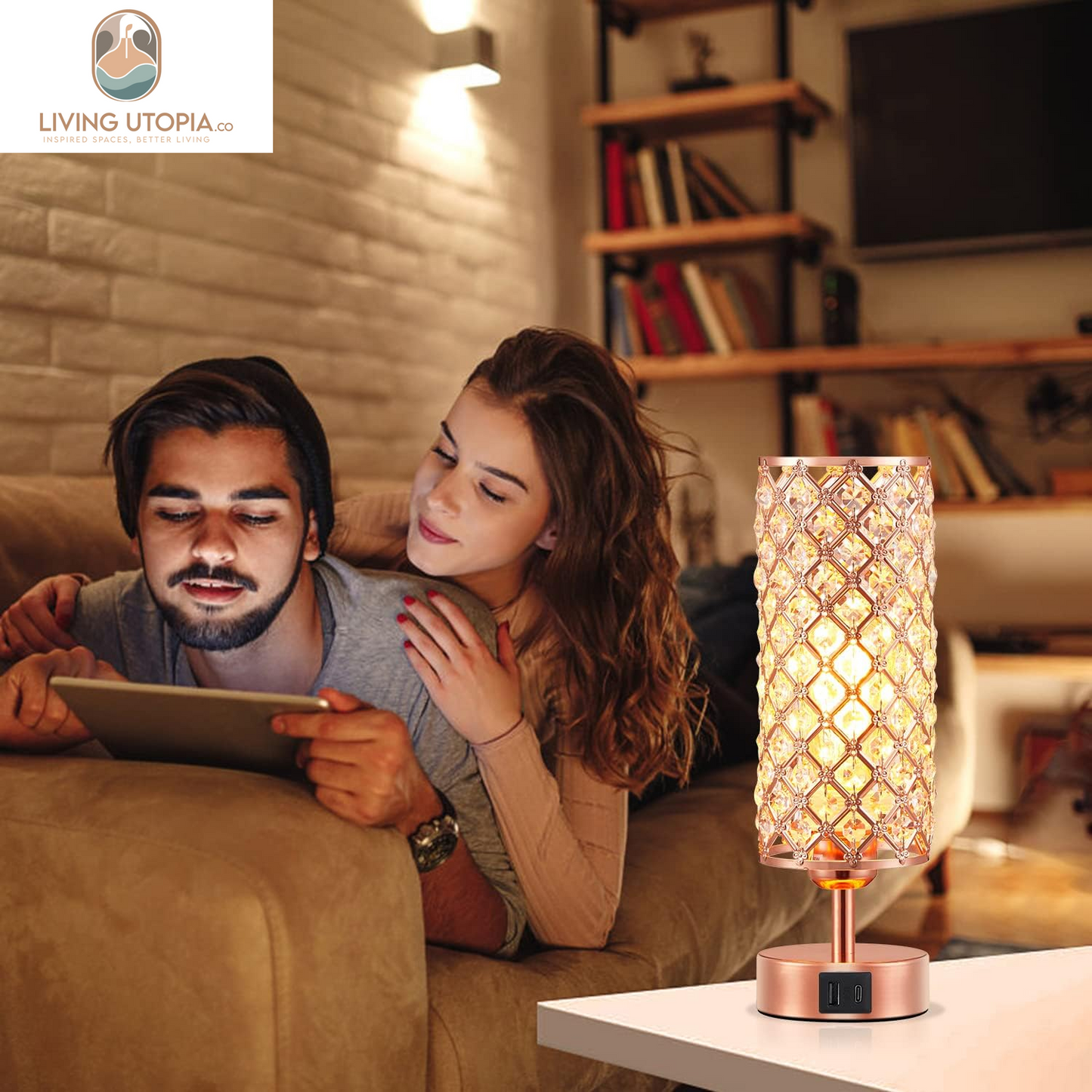 Crystal Table Lamp - 3-Way Dimmable Touch Control, Rose Gold Bedside Lamp with USB C and a Ports, Nightstand Light for Living Room, Bedroom, Home Office (Bulb Included)