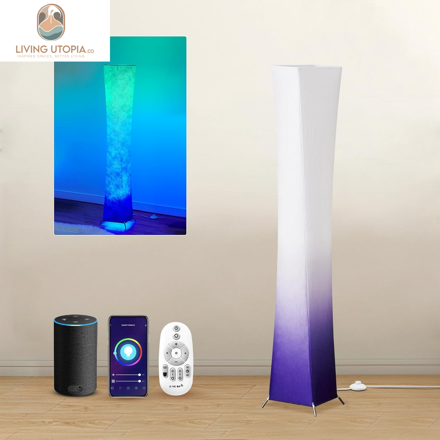 Floor Lamp, 52"(S) Standing Lamp, RGB Color Changing LED Bulbs, Adjustable Brightness Color Temperature, Purple Grandient Fabric Lampshade, for Living Room, Bedroom, Kids Room