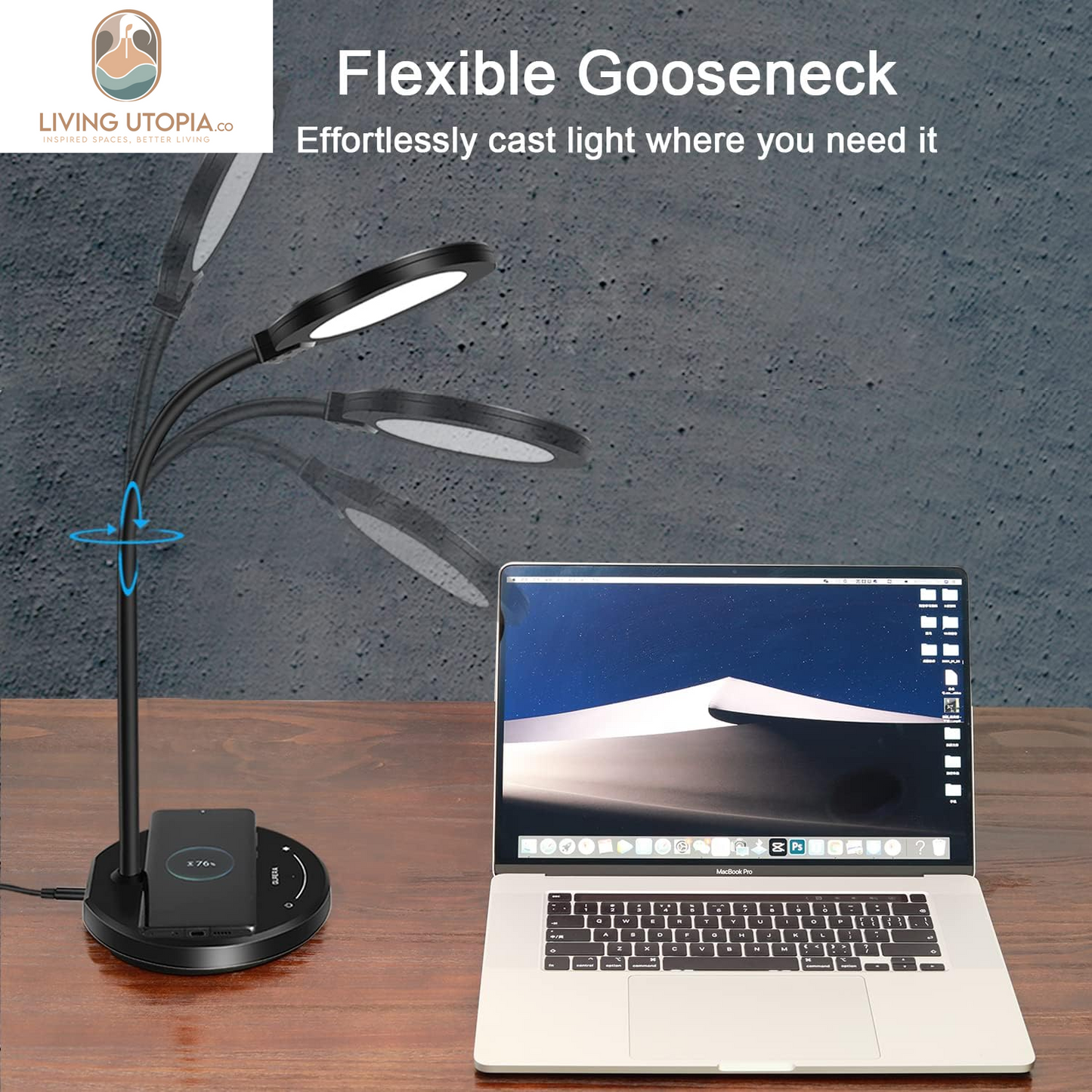 Desk Lamp, LED Desk Lamp with USB Charging Port, 5 Lighting Modes 10 Brightness Levels, Sensitive Control Eye-Caring Office Lamp Black