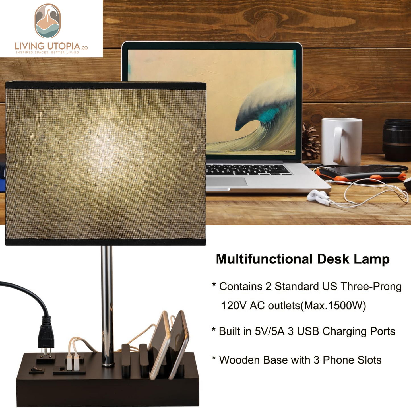 USB Table Lamp, Multi-Functional Bedside Desk Lamp with 2 AC Outlets, 3 USB Charging Ports and Wooden Phone Stand Organizer, Ideal Nightstand Lamp for Bedroom, Black Shade