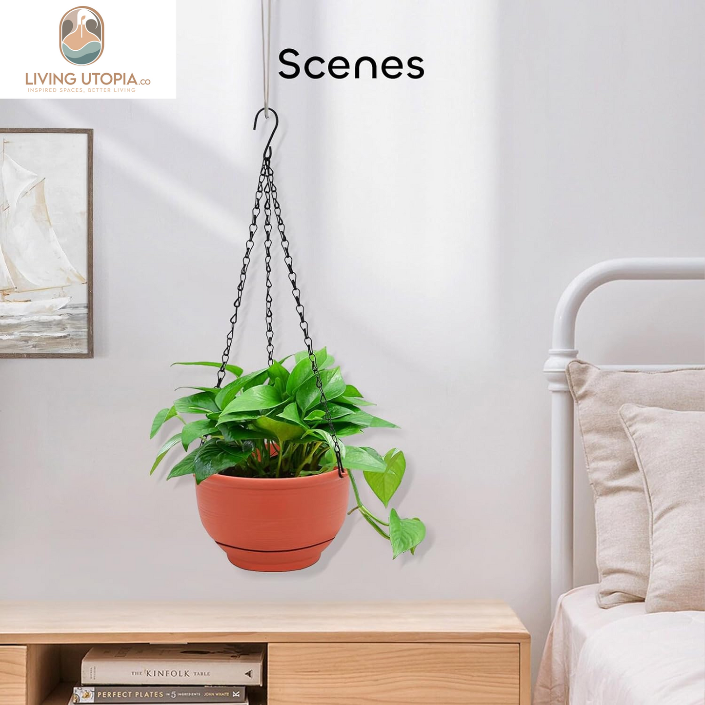2 Packs 8 Inch Plastic Hanging Planter Pot Self Watering Basket with 6 Pcs Hooks, Indoor Outdoor Plants Flower Pot Detachable Base for Garden Home Decoration (Terracotta Color)