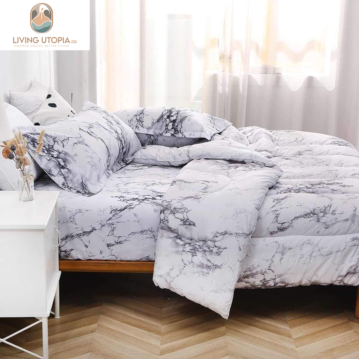Comforter Set Queen Size, White Black Marble Print 88 X 90 Inch Reversible down Alternative Comforter Microfiber Duvet Sets (1 Comforter + 2 Pillow) Modern Bedding for Women Men,Gray Grey
