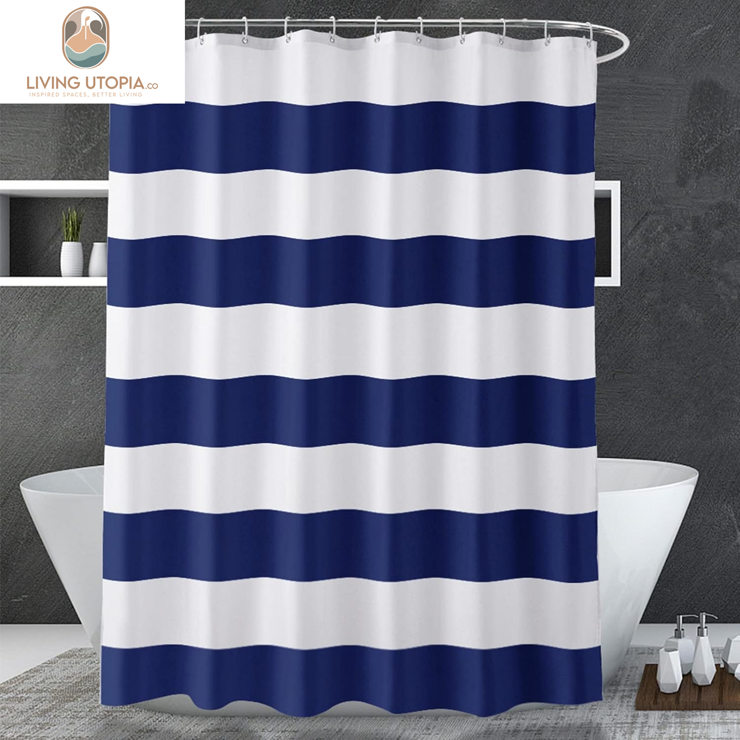 Navy Blue Shower Curtain Stripes, 72" W X 72" H Blue and White Shower Curtain, Fabric Shower Curtain for Bathroom, with 2 Heavy Stones