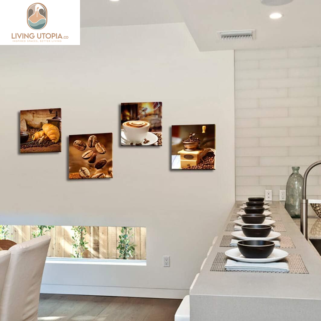 Kitchen Canvas Art Coffee Bean Coffee Cup Canvas Prints Coffee Wall Decor-4 Panels Framed Ready to Hang Coffee Image-Table Dining Room Canvas Wall Art Contemporary Pictures for Dining Home Decoration
